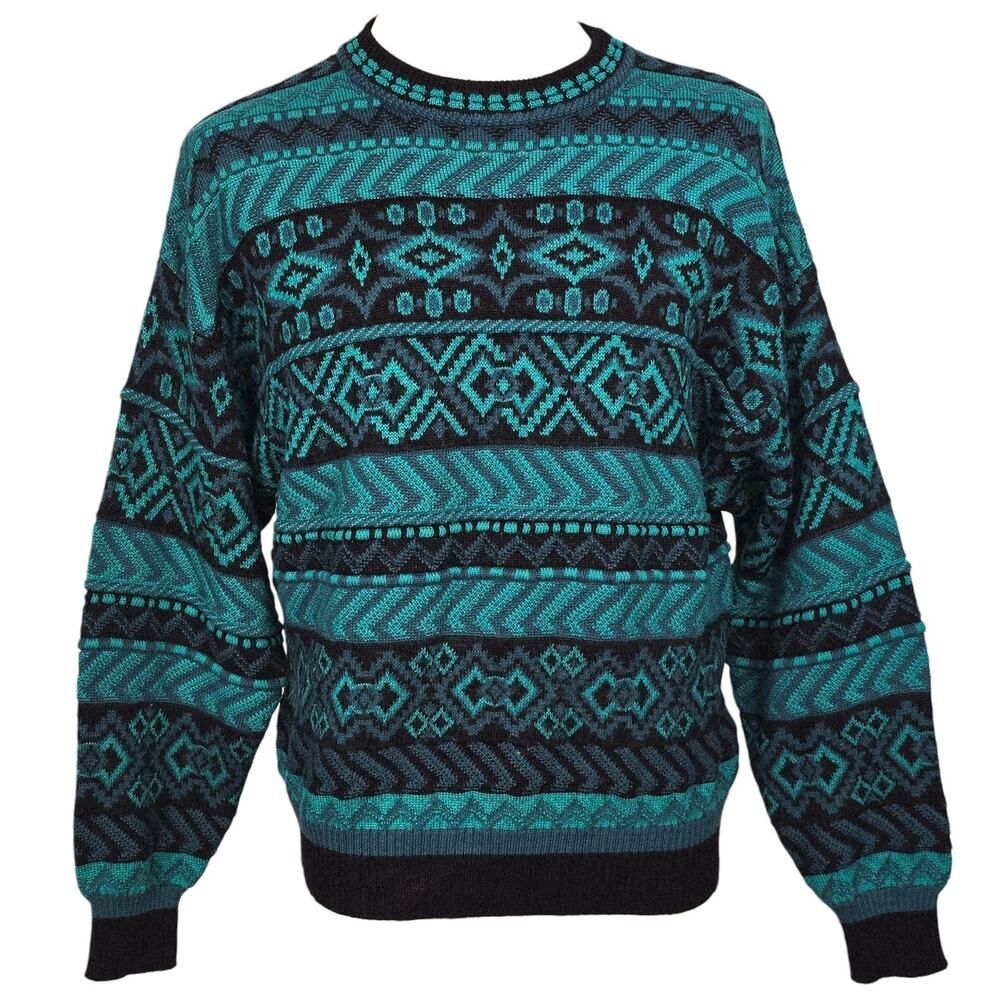 Vintage Tyrolia Skiwear Teal Abstract Sweater Men's Size XL